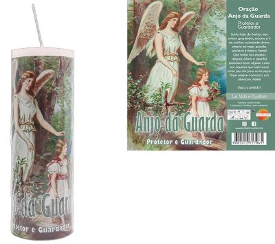 Vela com imagem de anjo da guarda e embalagem com oração em português