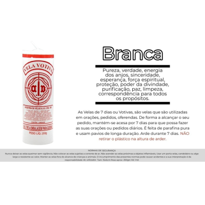 Vela votiva branca com etiqueta vermelha e branca, texto explicativo