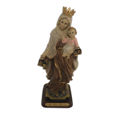 Estátua religiosa de Nossa Senhora do Carmo com criança e escapulários