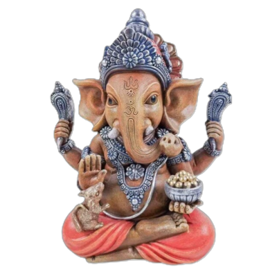 Estátua de Ganesha com quatro braços e detalhes ornamentais, em fundo preto