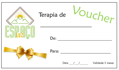 Voucher em branco com logo de montanhas e sol, texto para preenchimento e laço dourado.