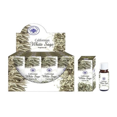Embalagens de óleo aromático Californian White Sage da marca Green Tree com ilustrações de folhas de sálvia