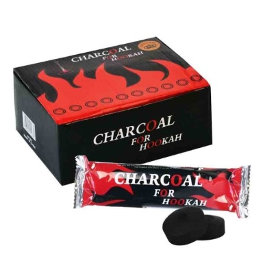 Embalagem e pacote de carvão para hookah com design preto e vermelho e carvão preto em destaque