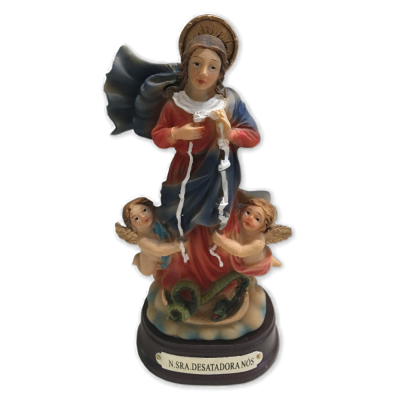 Estátua religiosa de Nossa Senhora Desatadora de Nós com dois anjos e serpente