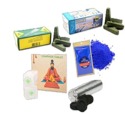 Produtos para defumação e limpeza espiritual, com embalagens e tabletes coloridos