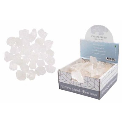 Cristais brutos transparentes em caixa de cartão com texto
