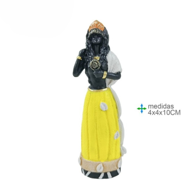 Estátua decorativa feminina com saia amarela e acessórios dourados