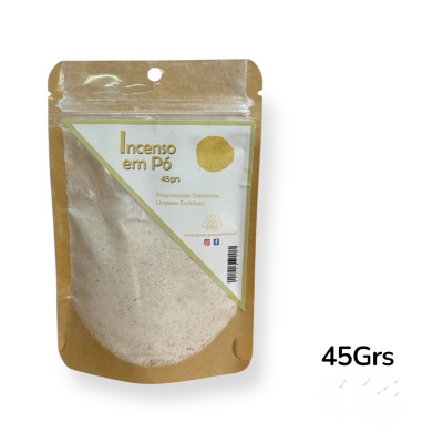 Saco de incenso em pó com etiqueta branca e dourada