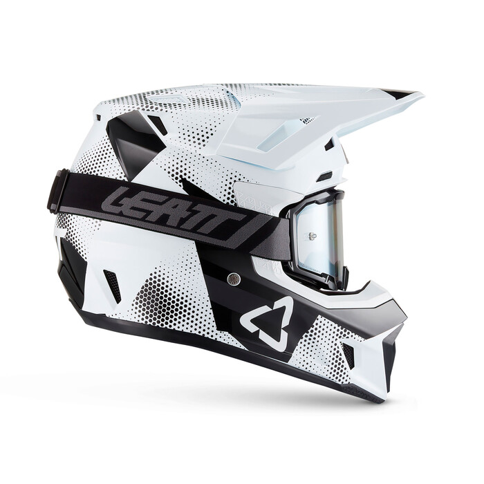 Capacete Leatt 7.5 Multicolour com oculos Capacete integral branco e preto com padrão de pontos e alça preta