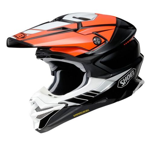 Capacete Shoei VFX-WR 06 Jammer Laranja Capacete de motocross preto, branco e laranja com logo SHOEI