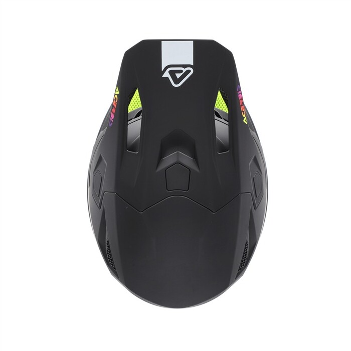 Capacete Acerbis Whoops Preto Capacete preto com detalhes amarelos fluorescentes e texto colorido ACE 3D