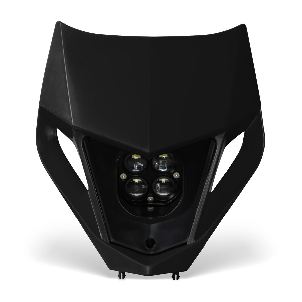 Farol dianteiro RockLED Preto Parte frontal de uma moto preta com luzes redondas e quadradas