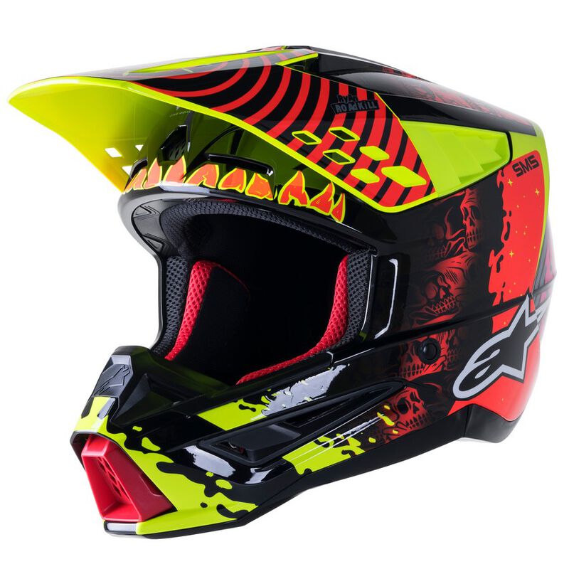 Capacete Alpinestars S-M5 Action Solar Flare Capacete de motocross preto com detalhes vermelhos, amarelos e visor amarelo