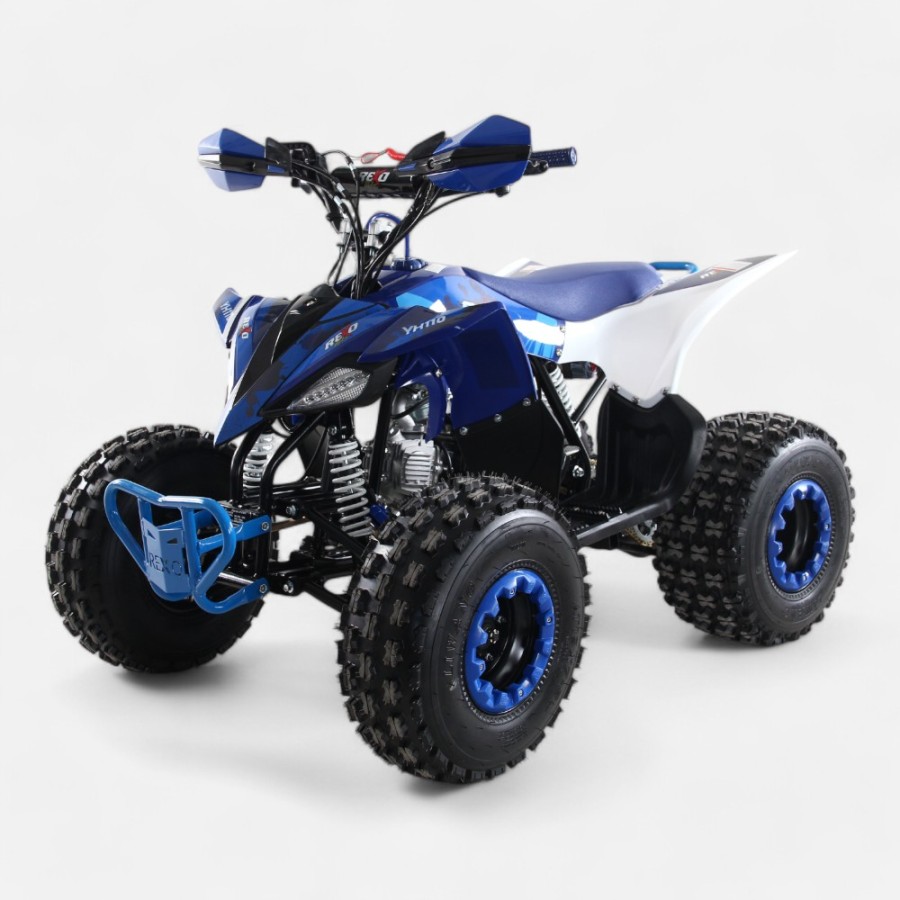 Quad REXO 110CC 4T YH110 Automático Azul Quadriciclo azul e branco com pneus robustos em fundo branco