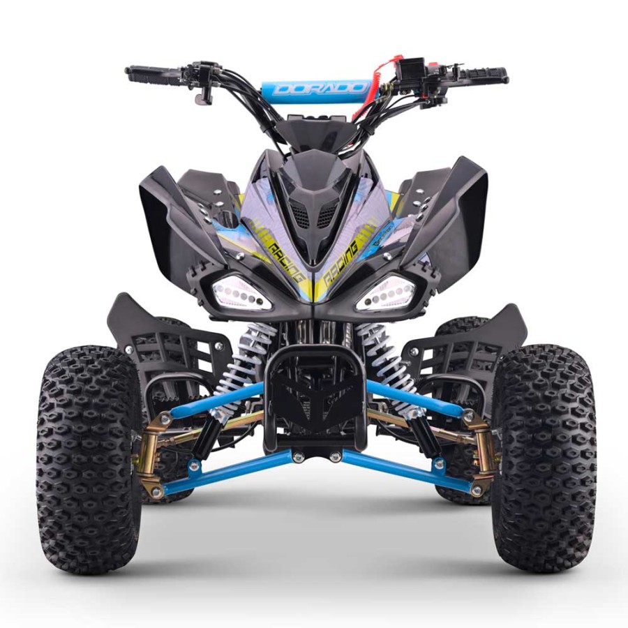 Quad 110cc Dorado A110 R7 automático 4T con marcha atrás Azul Quadriciclo off-road preto com detalhes em azul e amarelo, faróis em forma de olho e almofada azul no guiador com palavra DORADO