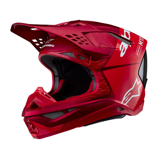 Capacete Alpinestars Supertech M10 Flood Vermelho Capacete integral vermelho para motocross com detalhes brancos e interior preto acolchoado