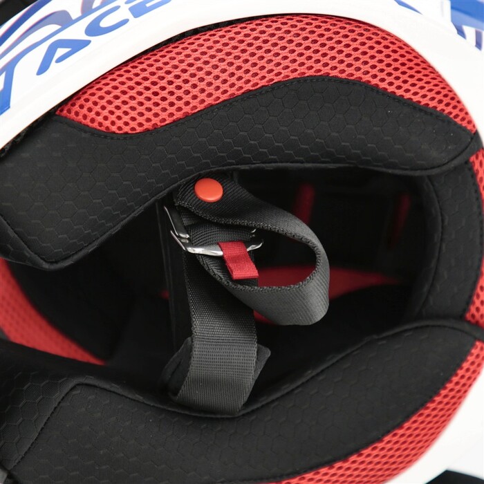 Capacete Acerbis Whoops Graphic Azul Branco Interior de capacete com acolchoado preto e tecido vermelho, com cinto de ajuste