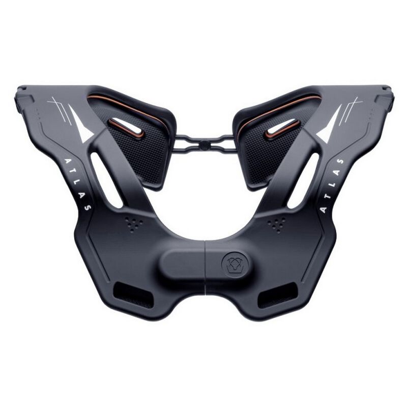 Cervical Atlas Vision Colar cervical ortopédico preto com detalhes laranja e texto ATLAS