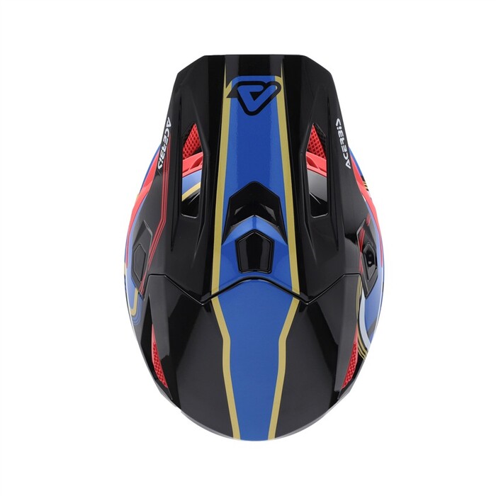 Capacete Acerbis Whoops Graphic Preto Azul Capacete de mota preto e azul com detalhes dourados e vermelhos