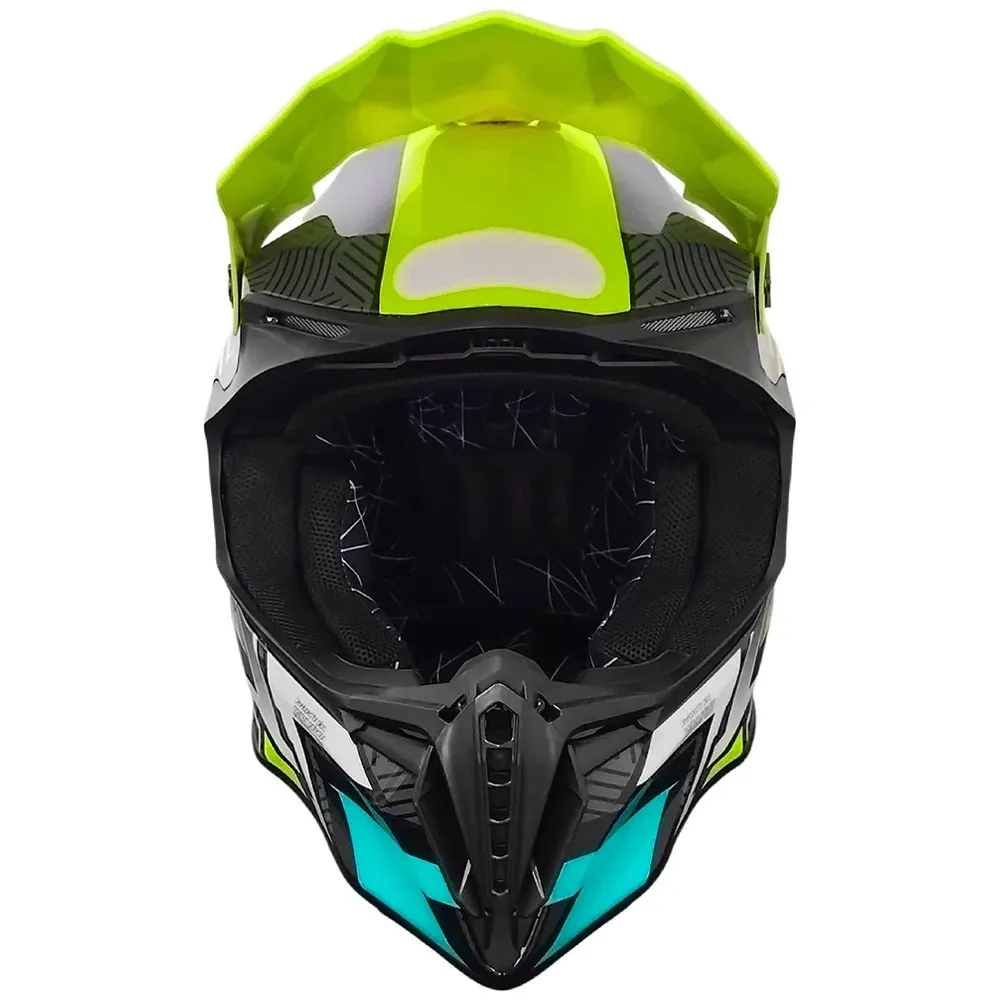 capacete motocross preto verde-limão azul-ciano com interior acolchoado e viseira ajustável