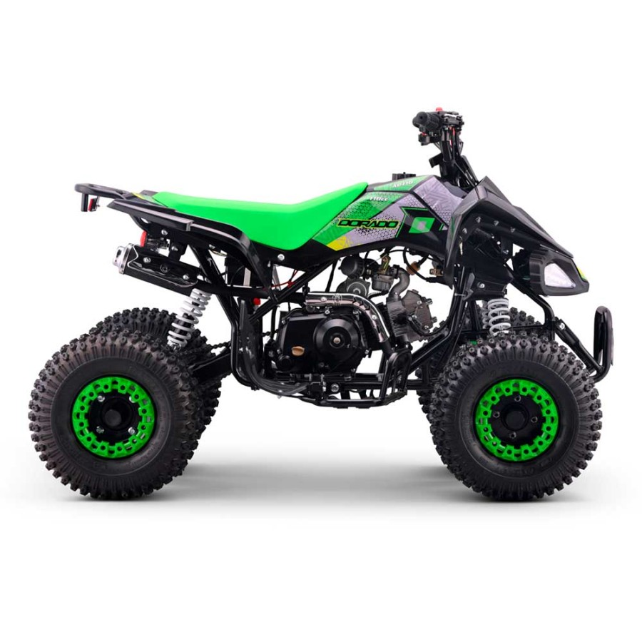 Quad 110cc Dorado A110 R7 automático 4T con marcha atrás Verde Quadriciclo verde e preto com pneus de tracção em fundo branco
