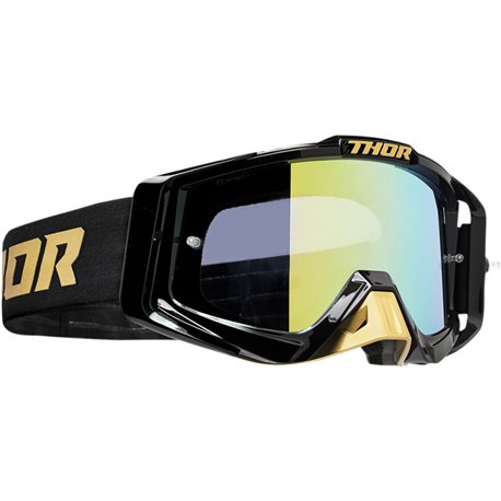 Óculos de proteção preta para motocross com lente refletora e fita elástica preta com texto THOR dourado