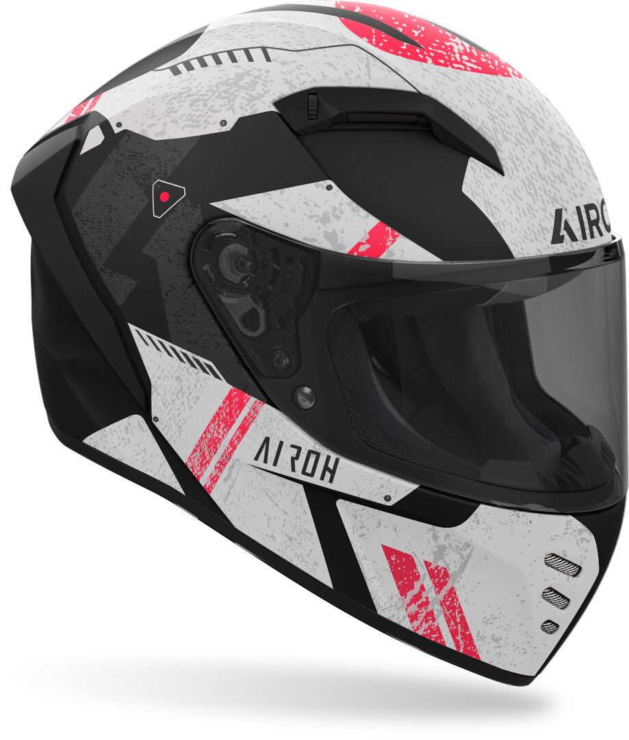 Capacete AIROH CONNOR OMEGA Matt Capacete de moto integral branco, preto e vermelho com visor transparente e inscrição ARROH