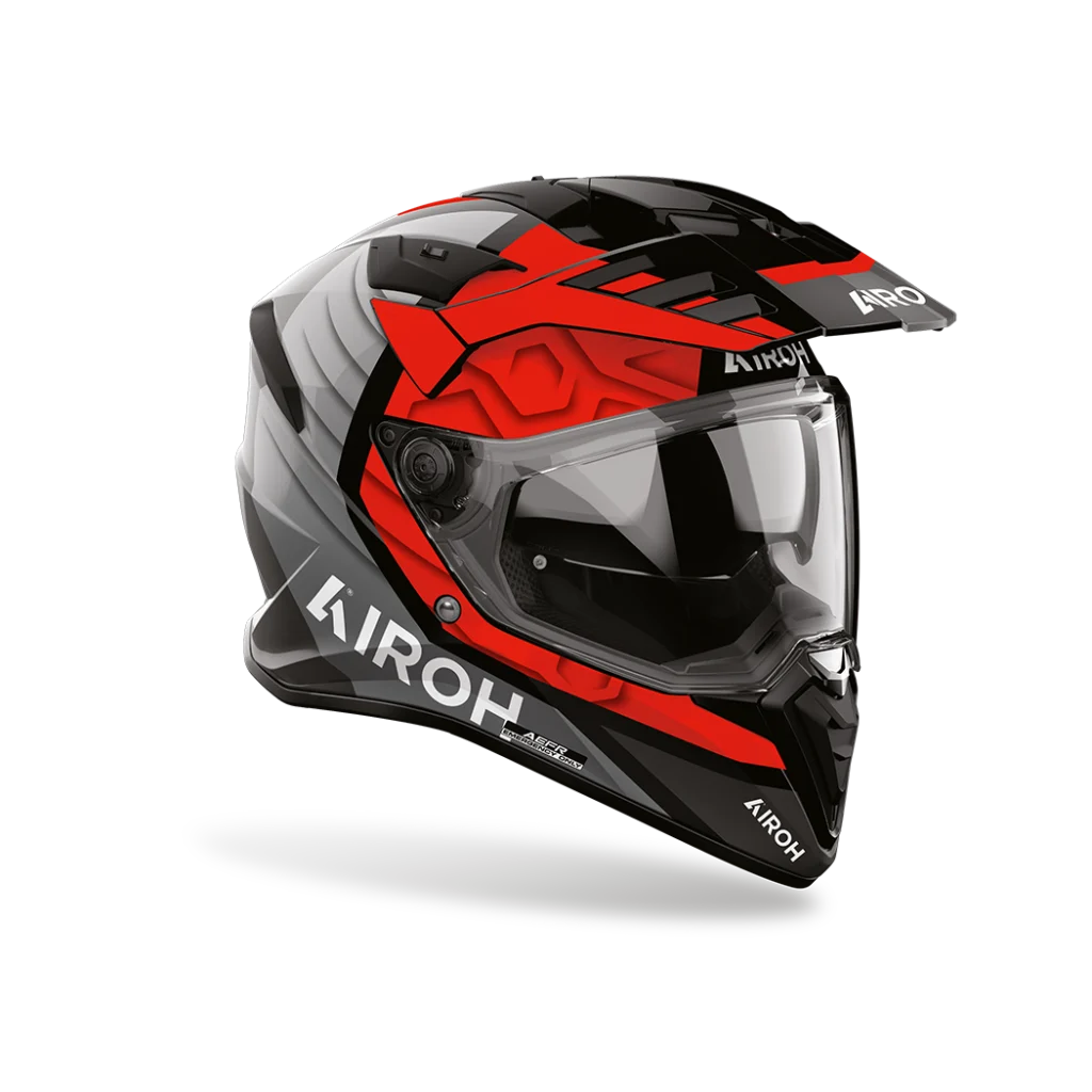 Capacete AIROH BADX-X CUBE Vermelho Capacete de mota preta, vermelha e cinza com padrão geométrico e viseira transparente