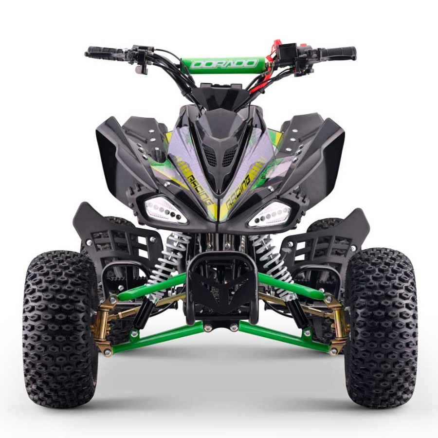 Quad 110cc Dorado A110 R7 automático 4T con marcha atrás Verde Quadriciclo todo-o-terreno verde e preto com pneus robustos e guiador com texto Dorado