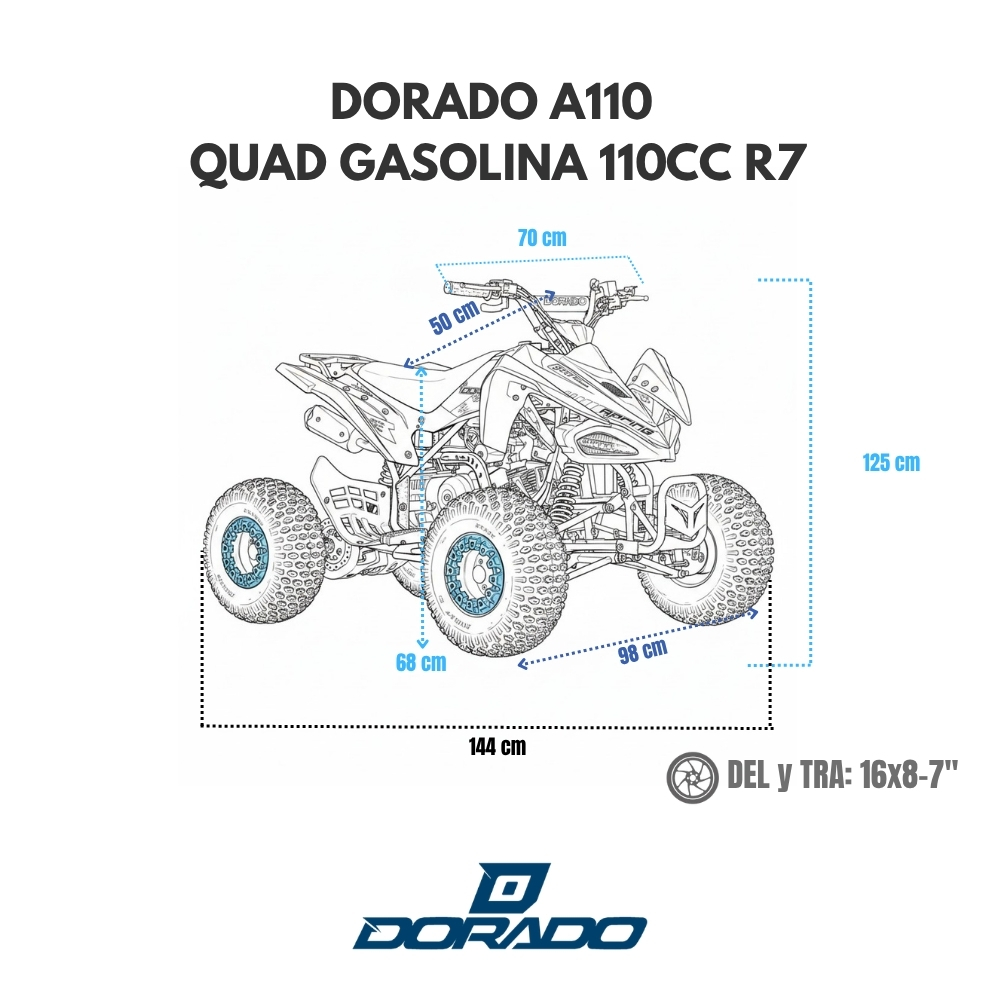 Quad 110cc Dorado A110 R7 automático 4T con marcha atrás Verde Desenho técnico de quadriciclo Dorado A110 com especificações de medidas em cm e dimensões das rodas.