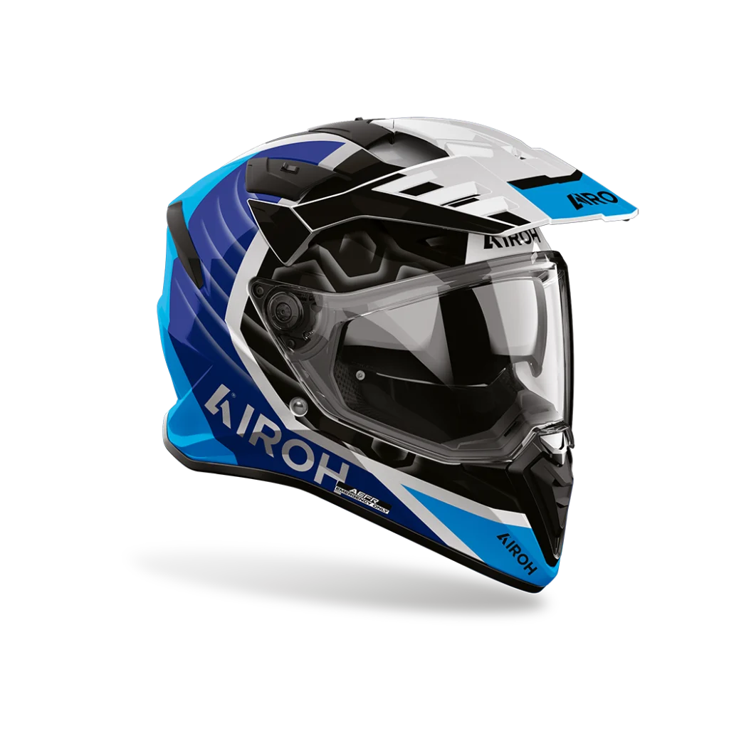 Capacete AIROH BADX-X CUBE Azul Capacete de motociclista azul, preto e branco com visor transparente e marca AIROH