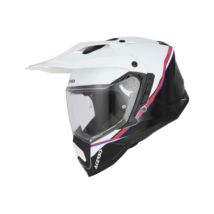Capacete Acerbis Assault Graphic Preto Branco Capacete de motociclismo branco e preto com viseira transparente e detalhes coloridos