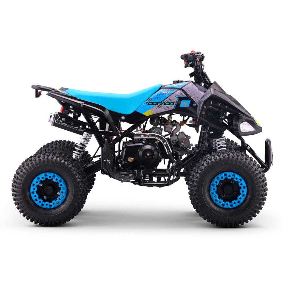 Quad 110cc Dorado A110 R7 automático 4T con marcha atrás Azul Quad preto e azul com motor exposto e rodas largas em fundo branco