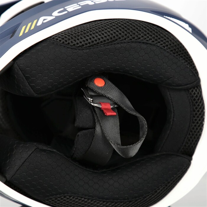 Capacete Acerbis Whoops Azul Capacete de mota azul e branco visto pelo interior com acolchoado preto e fecho rápido