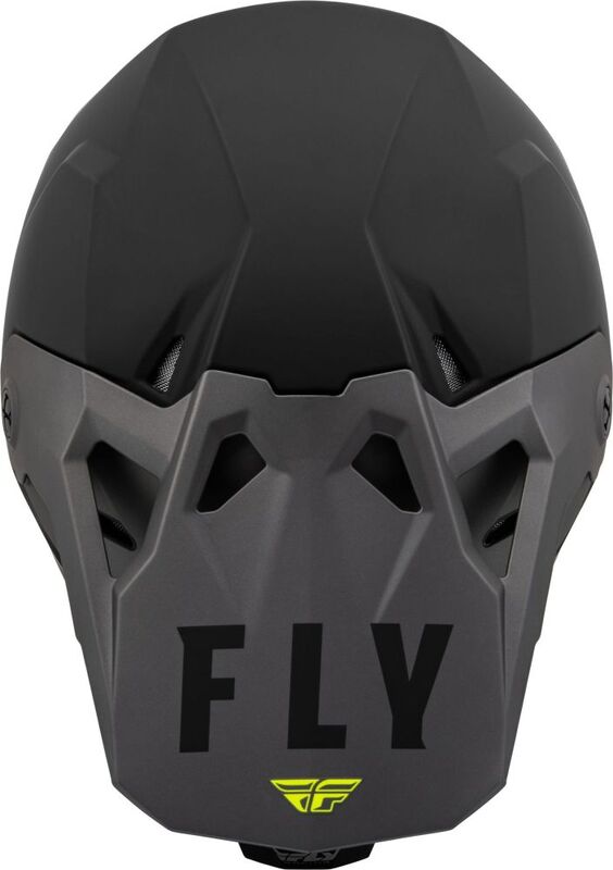 Capacete FLY RACING Formula CP Slant Cinza Preto Capacete preto e cinza escuro com texto FLY e logótipo amarelo