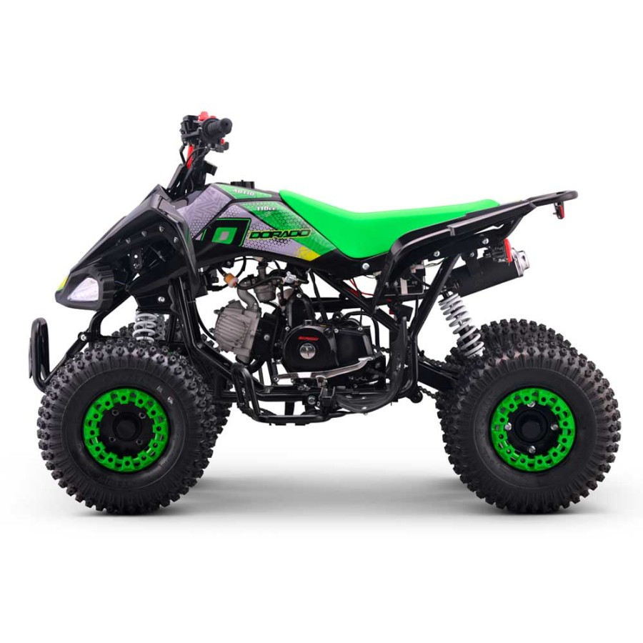 Quad 110cc Dorado A110 R7 automático 4T con marcha atrás Verde Quad preto com assento verde e pneus grandes em fundo branco.