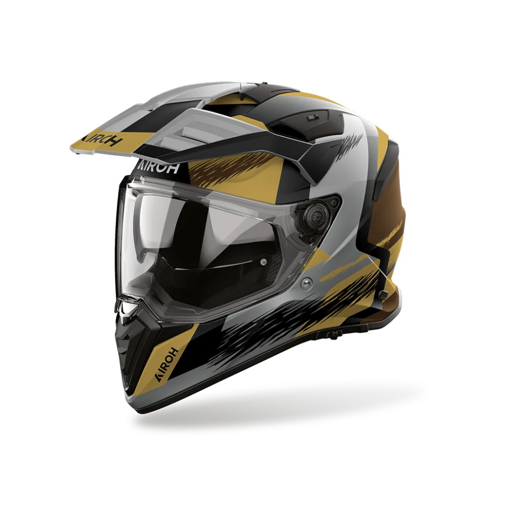 Capacete AIROH BADX-X CUBE Sand Capacete integral para mota em branco, preto e amarelo com visor transparente e texto AIROH