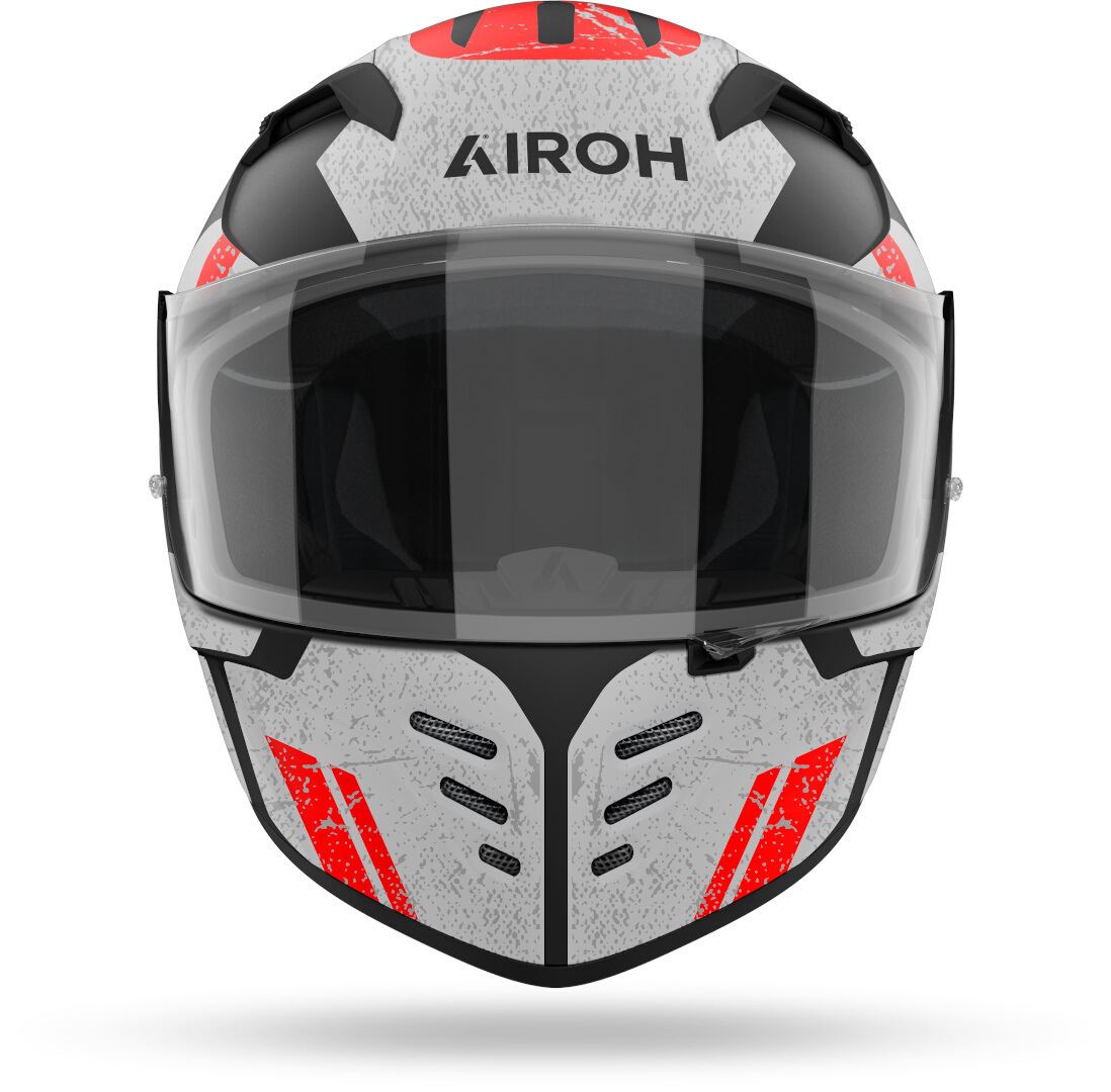 Capacete AIROH CONNOR OMEGA Matt Capacete integral de motociclismo cinza, vermelho e preto com viseira transparente e texto AIROH