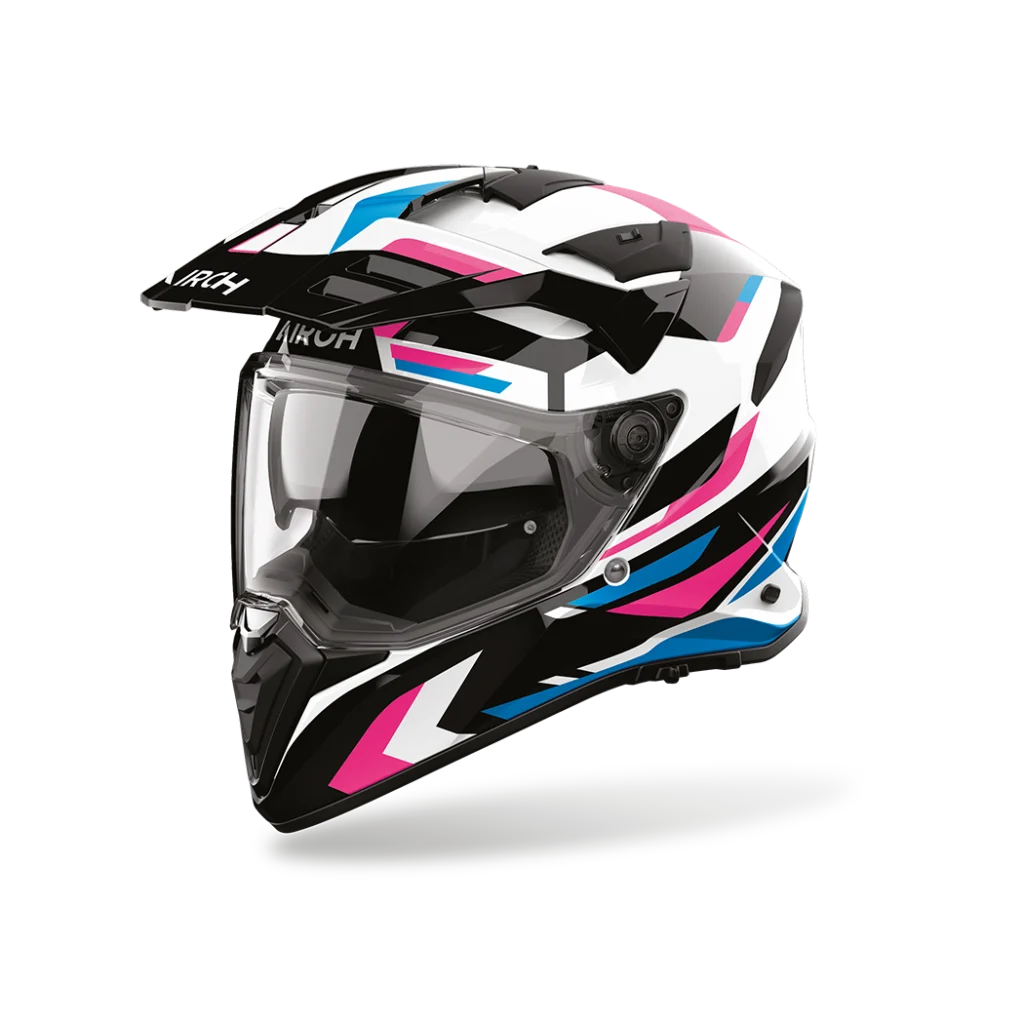 Capacete AIROH BADX-X Glitch Rosa Capacete de motociclismo Airoh branco, preto, azul e rosa com visor claro