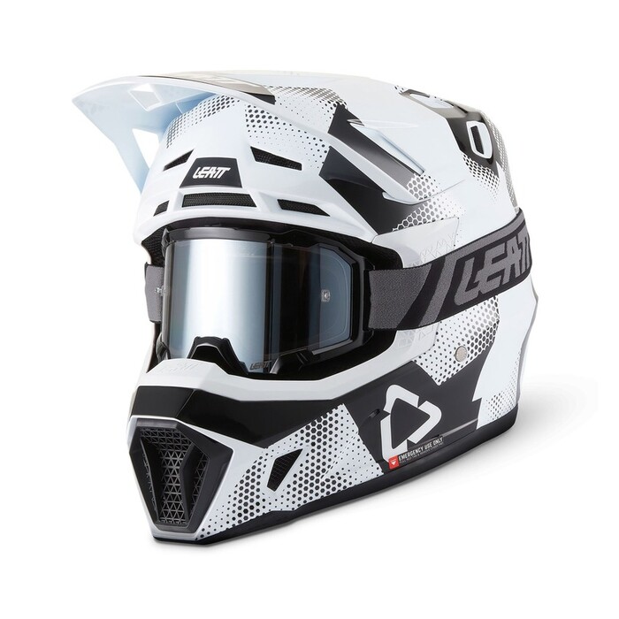 Capacete Leatt 7.5 Multicolour com oculos Capacete de motocross branco e preto com viseira espelhada e correia com o logótipo LEATT