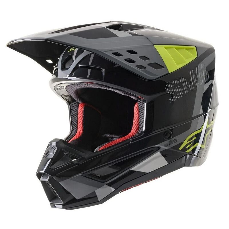 Capacete Alpinestars S-M5 Beam Antracite/amarelo fluo Capacete integral preto com detalhes cinza, amarelo verde e interior vermelho para motocross.