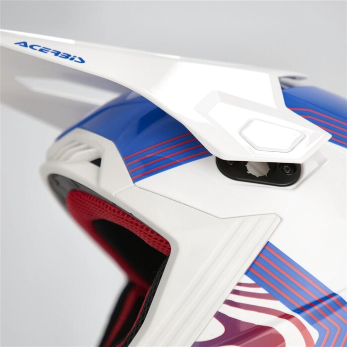 Capacete Acerbis Whoops Graphic Azul Branco Capacete off-road branco com detalhes azuis e vermelhos e visor branco com texto azul Acerbis