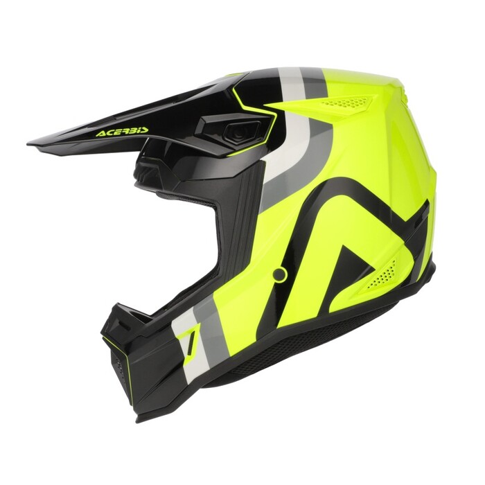 Capacete Acerbis Whoops Graphic Amarelo Capacete integral de motocross amarelo neon e preto com texto ACERBIS na viseira