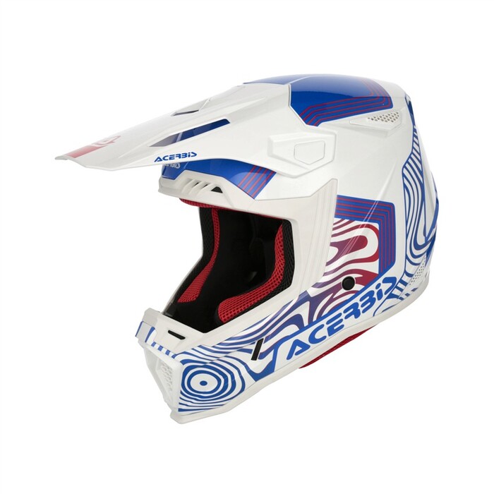 Capacete Acerbis Whoops Graphic Azul Branco Capacete de motocross branco, azul e vermelho com marca ACEBIS