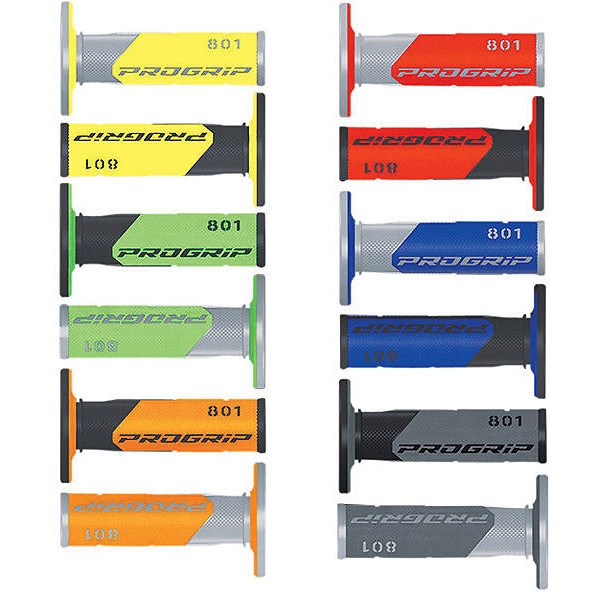 Dez pares de punhos coloridos para bicicleta ou moto com a inscrição PROGRIP e o número 801.