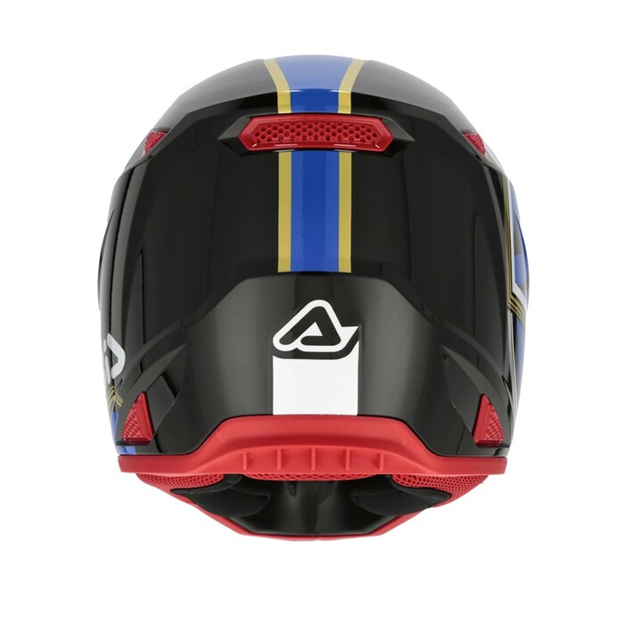 Capacete Acerbis Whoops Graphic Preto Azul Capacete de mota preto com riscas azuis e douradas e detalhes vermelhos