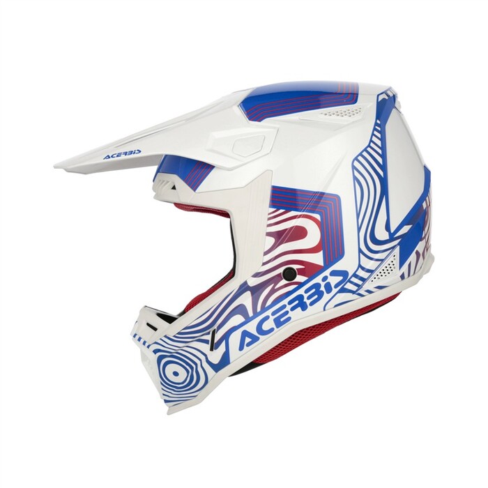 Capacete Acerbis Whoops Graphic Azul Branco Capacete motocross branco com detalhes azuis e vermelhos e logo ACERBIS