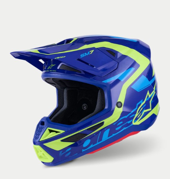 Alpinestars SM7 Deed Azul Capacete integral azul com detalhes amarelo-limão e texto SM7