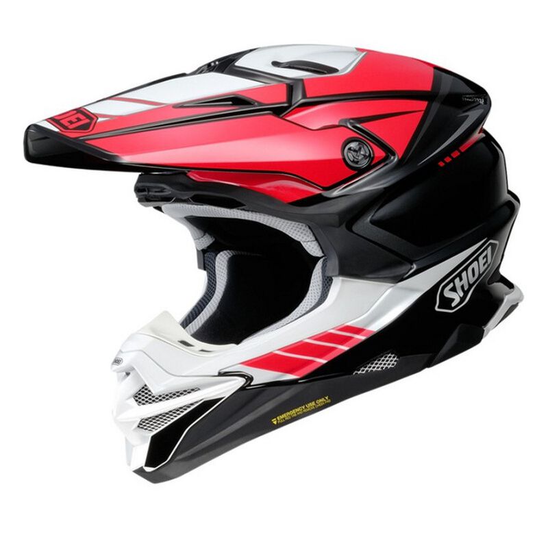 Capacete Shoei VFX-WR 06 Jammer Vermelho Capacete integral motocross vermelho, branco e preto com logo SHOEI