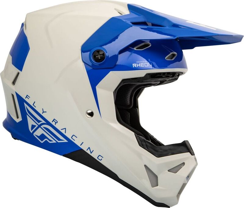 Capacete FLY RACING Formula CP Slant Cinza Azul Capacete de motocross branco e azul Fly Racing com viseira e acolchoamento interno